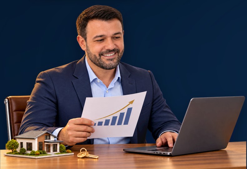 Consultor sorridente analisando um gráfico de crescimento ao lado de um notebook e da maquete de uma casa