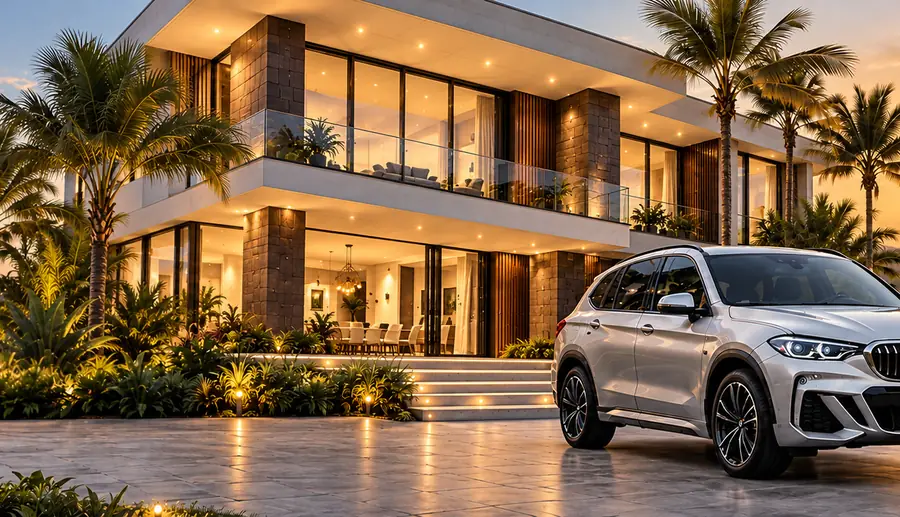 Casa moderna, automóvel e escavadeira ao pôr do sol