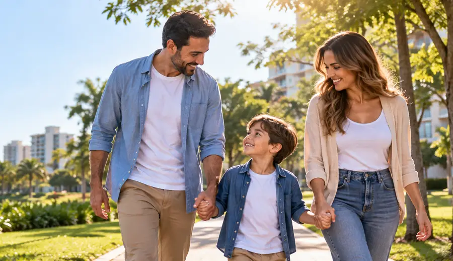 Família caminhando de mãos dadas em um parque