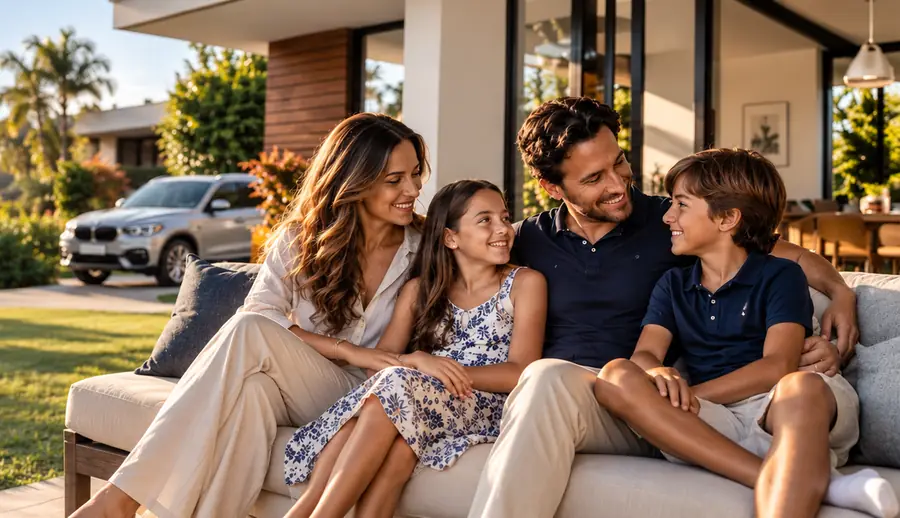Família reunida na varanda de casa, com o carro ao fundo