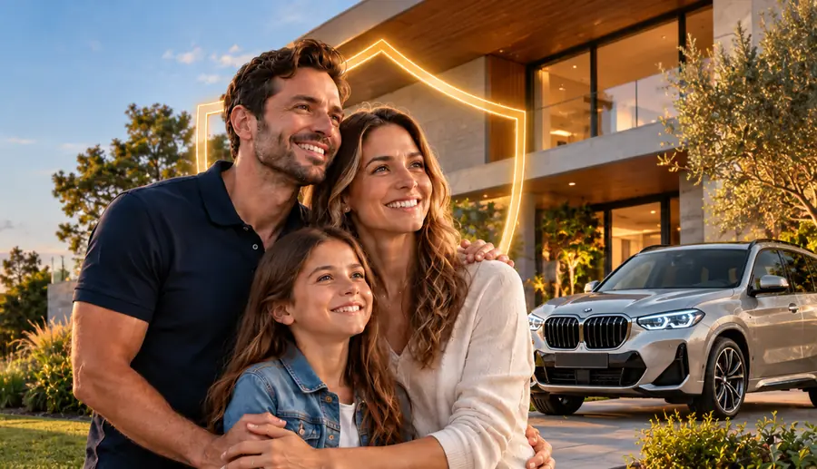 Família em frente à casa, ao lado do carro